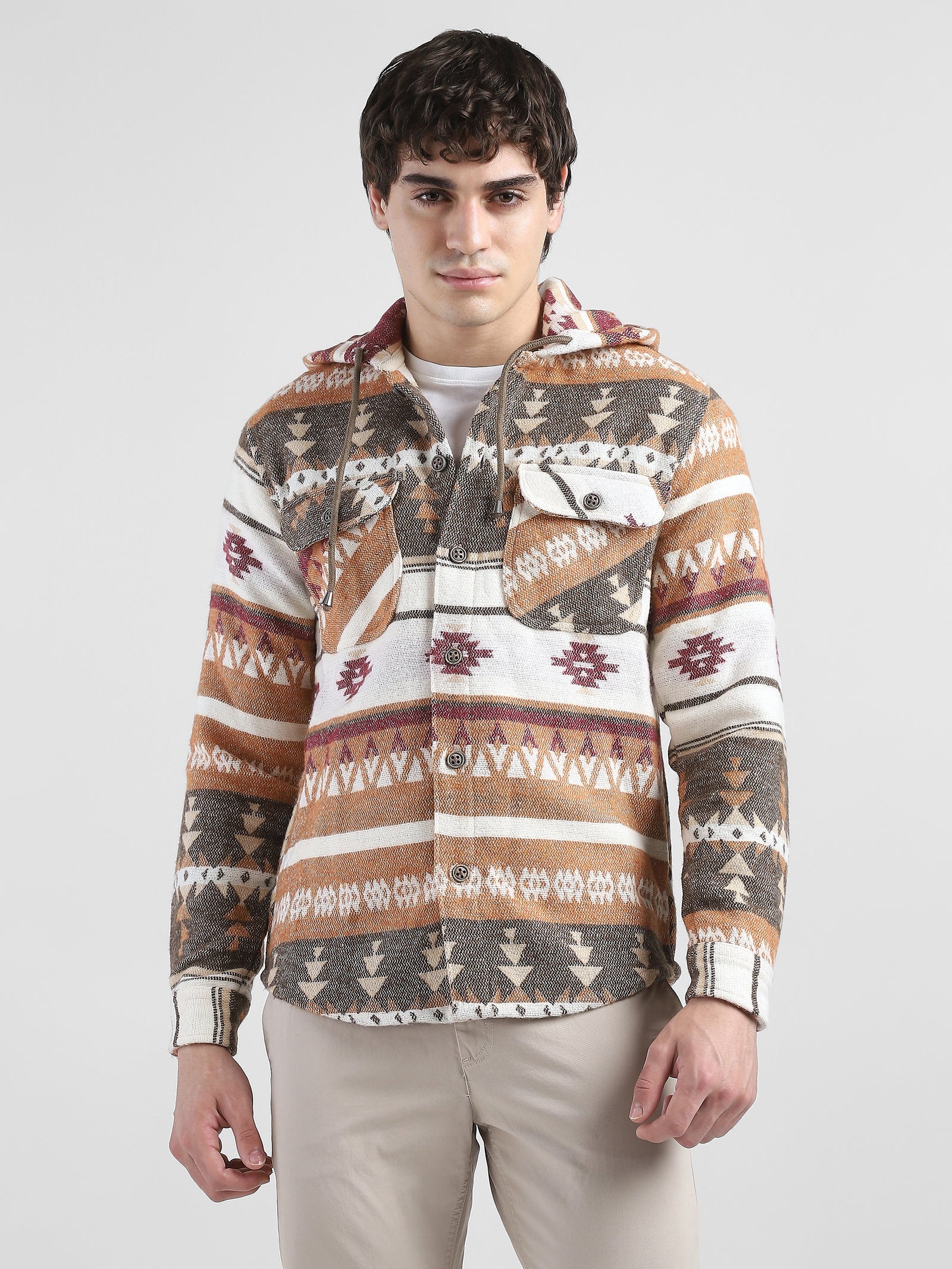 Men Orange Brown Comfort Fit Shacket