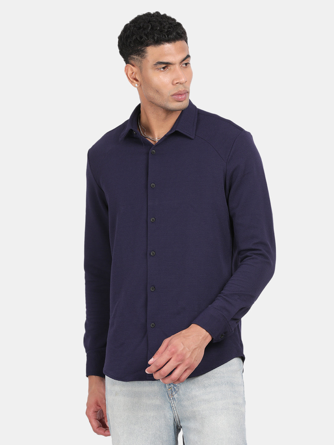 Men Navy Slim Fit Spread Collar Full Sleeve Casual Shirt