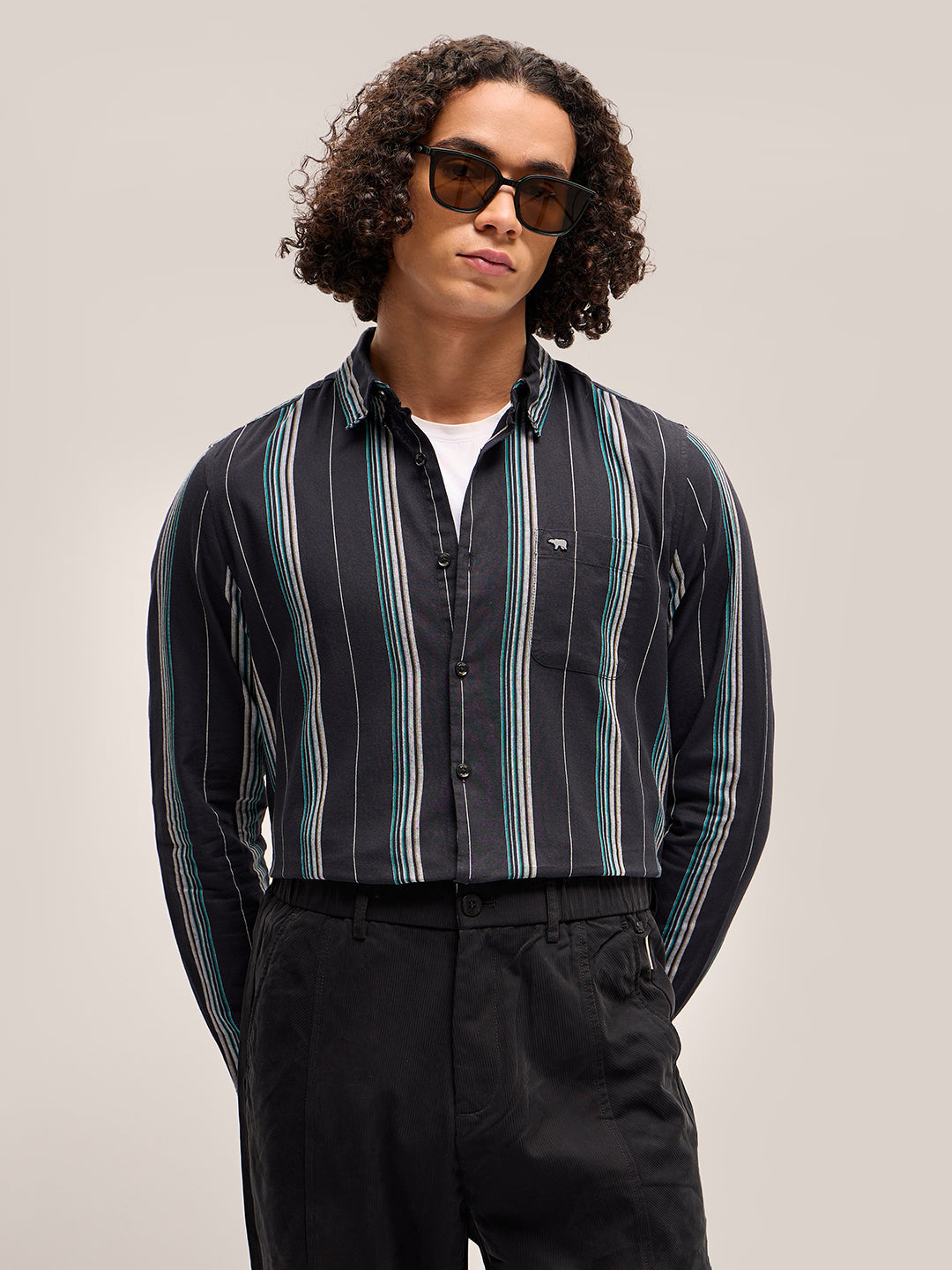 Men Black Stripe Slim Fit Casual Shirt