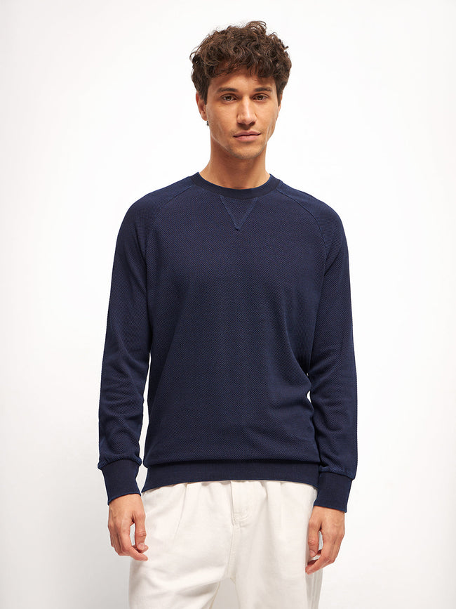Men Blue Self Design Regular Fit Crew Neck T-Shirt