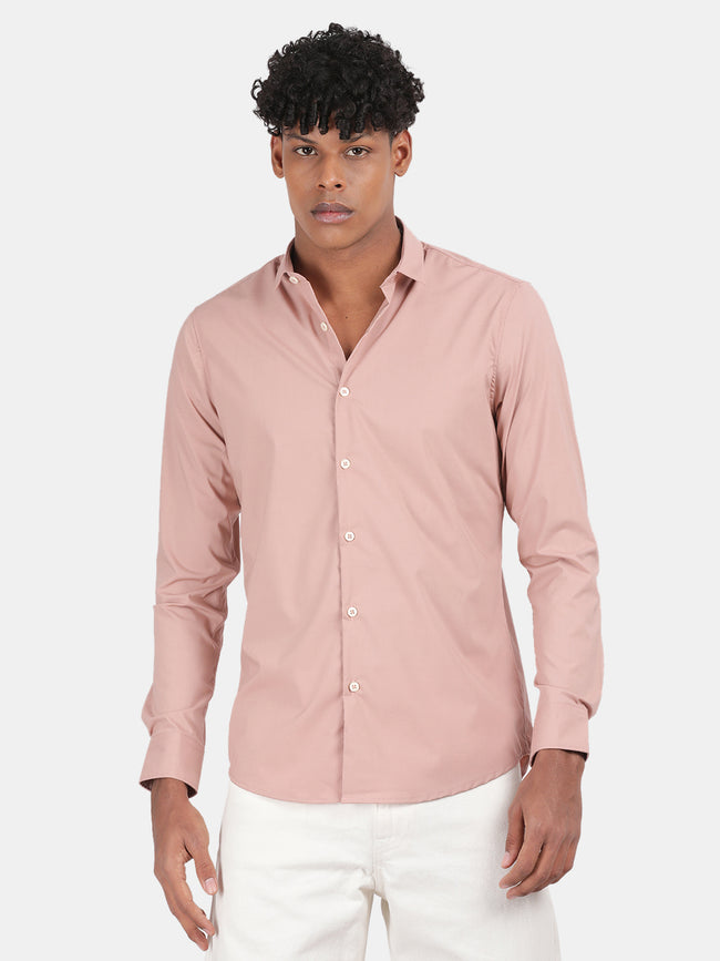 Men Beige Slim Fit Spread Collar Full Sleeve Casual Shirt