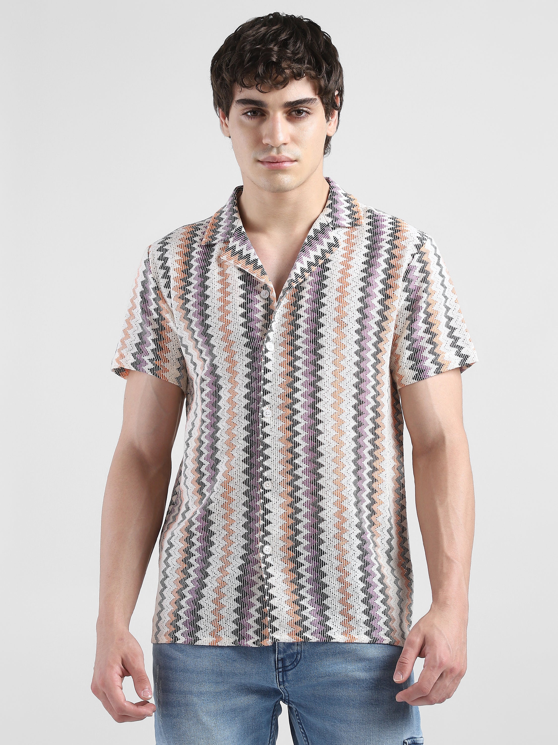 Men Lace See Through Purple Multi Casual Shirt