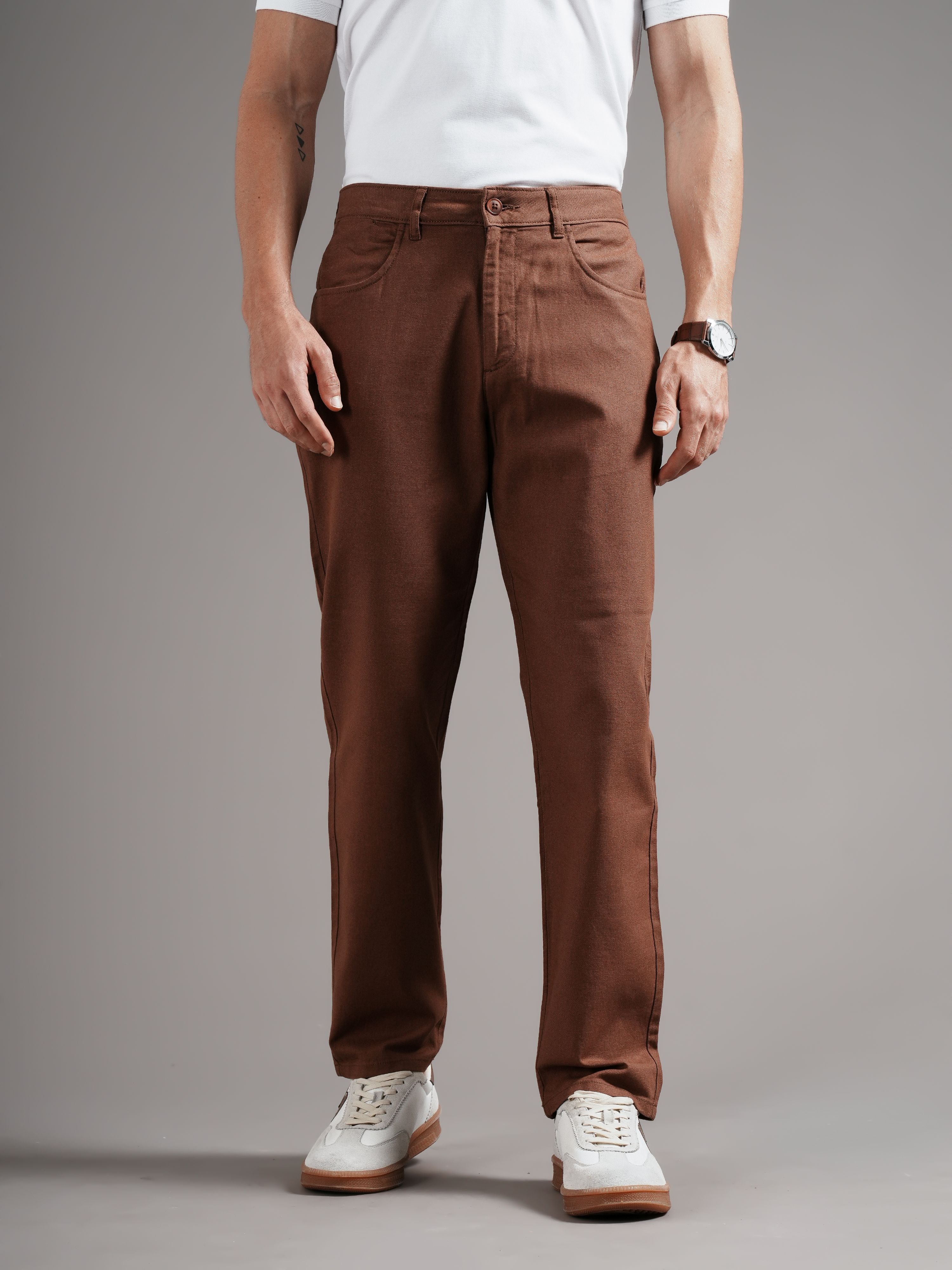Men Brown Tailored Fit Trousers
