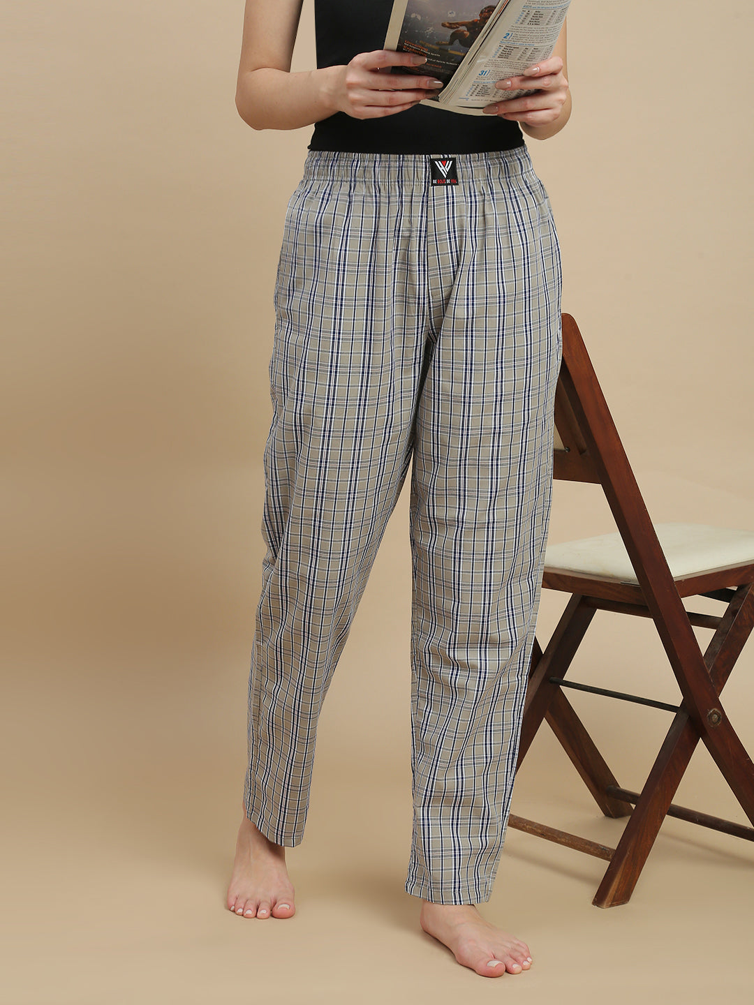 Women Taupe Checked Cotton Pyjamas
