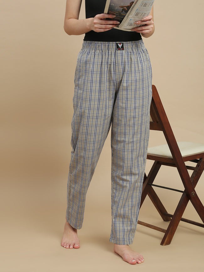 Women Taupe Checked Cotton Pyjamas