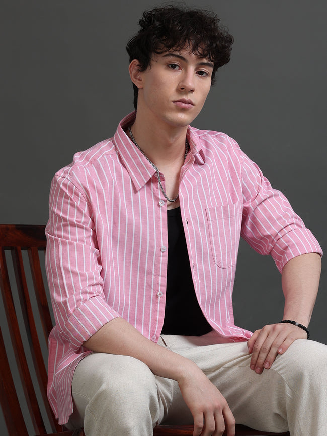 Men Pink Striped Shirt