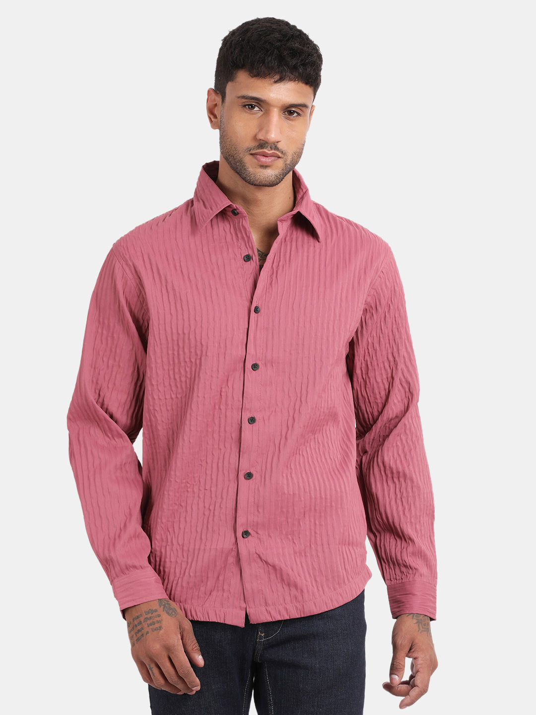 Men Pink Slim Fit Spread Collar Full Sleeve Casual Shirt