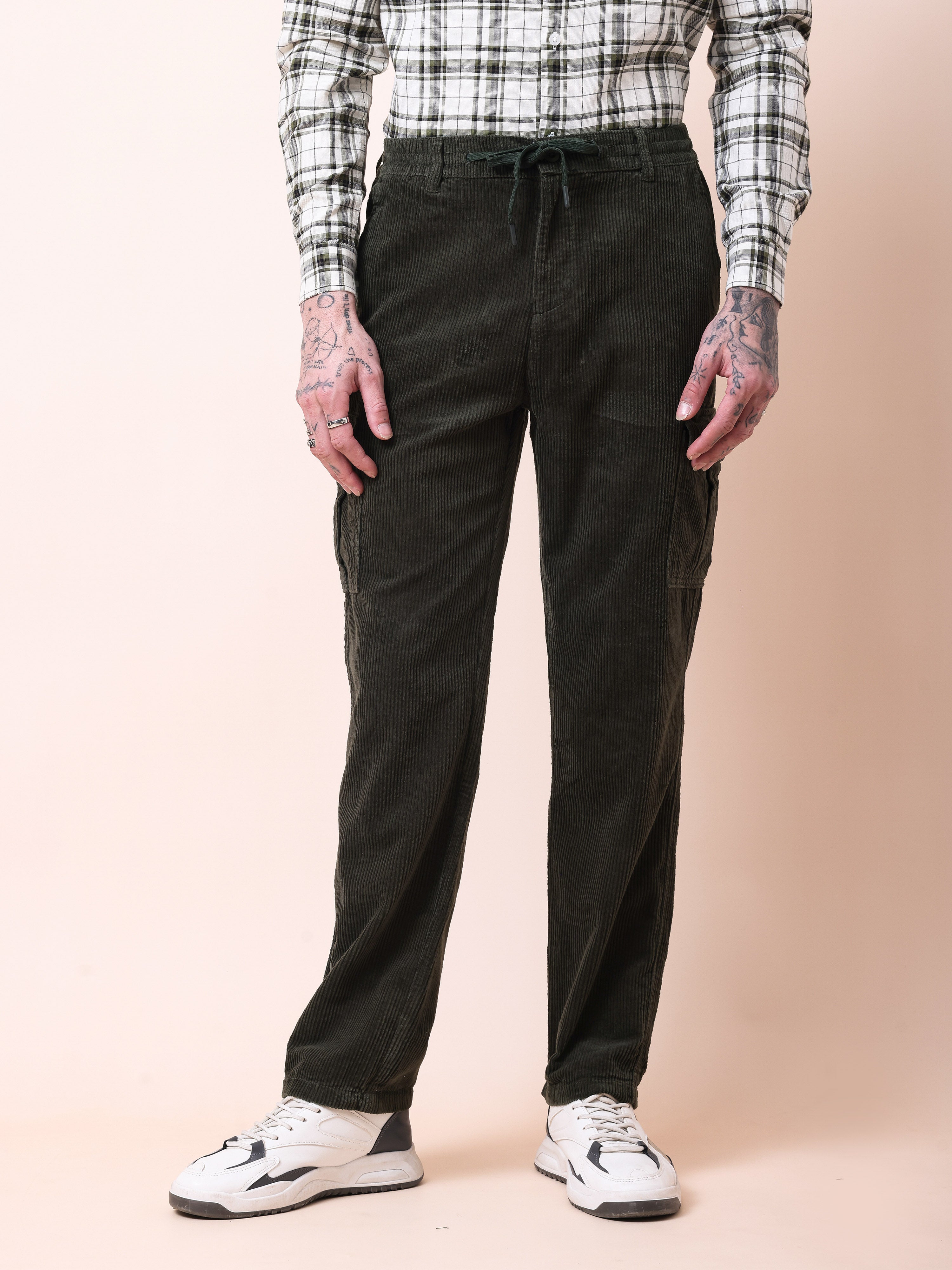Men Olive Corduroy Cargo Pants