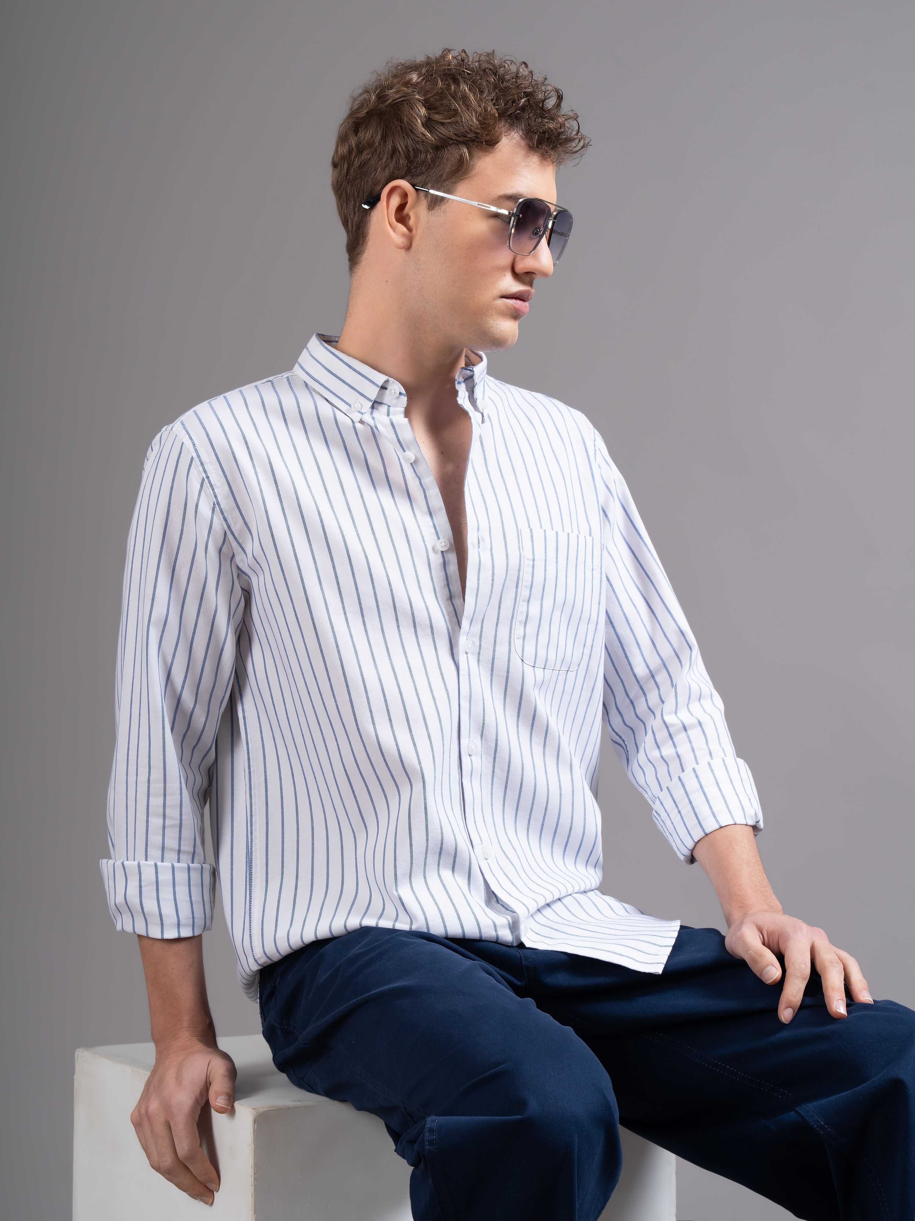 Men White Striped Shirt