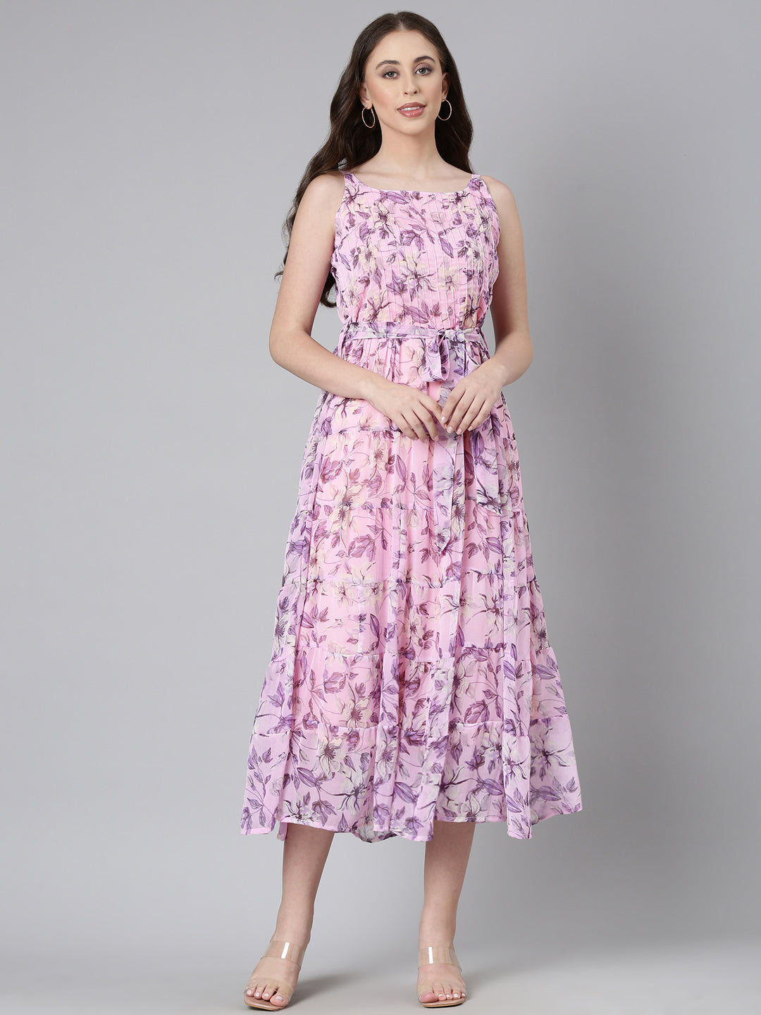 Women Mauve Floral Chiffon Dress