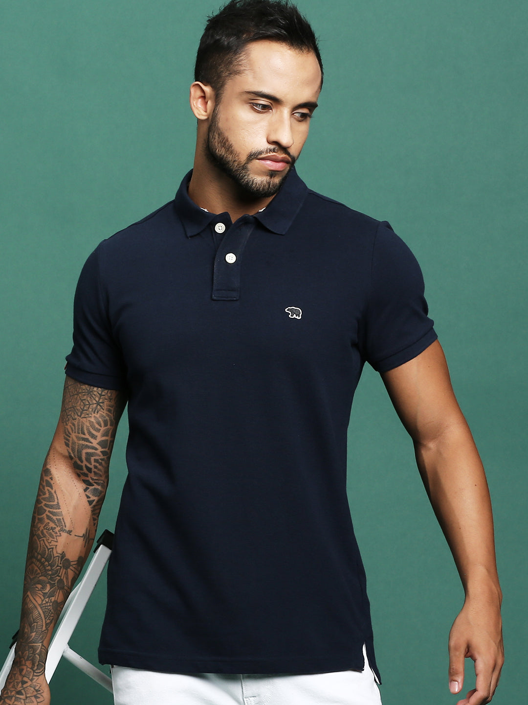Men Navy Cotton Solid T-Shirt
