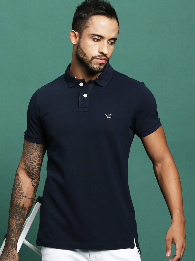 Men Navy Cotton Solid T-Shirt
