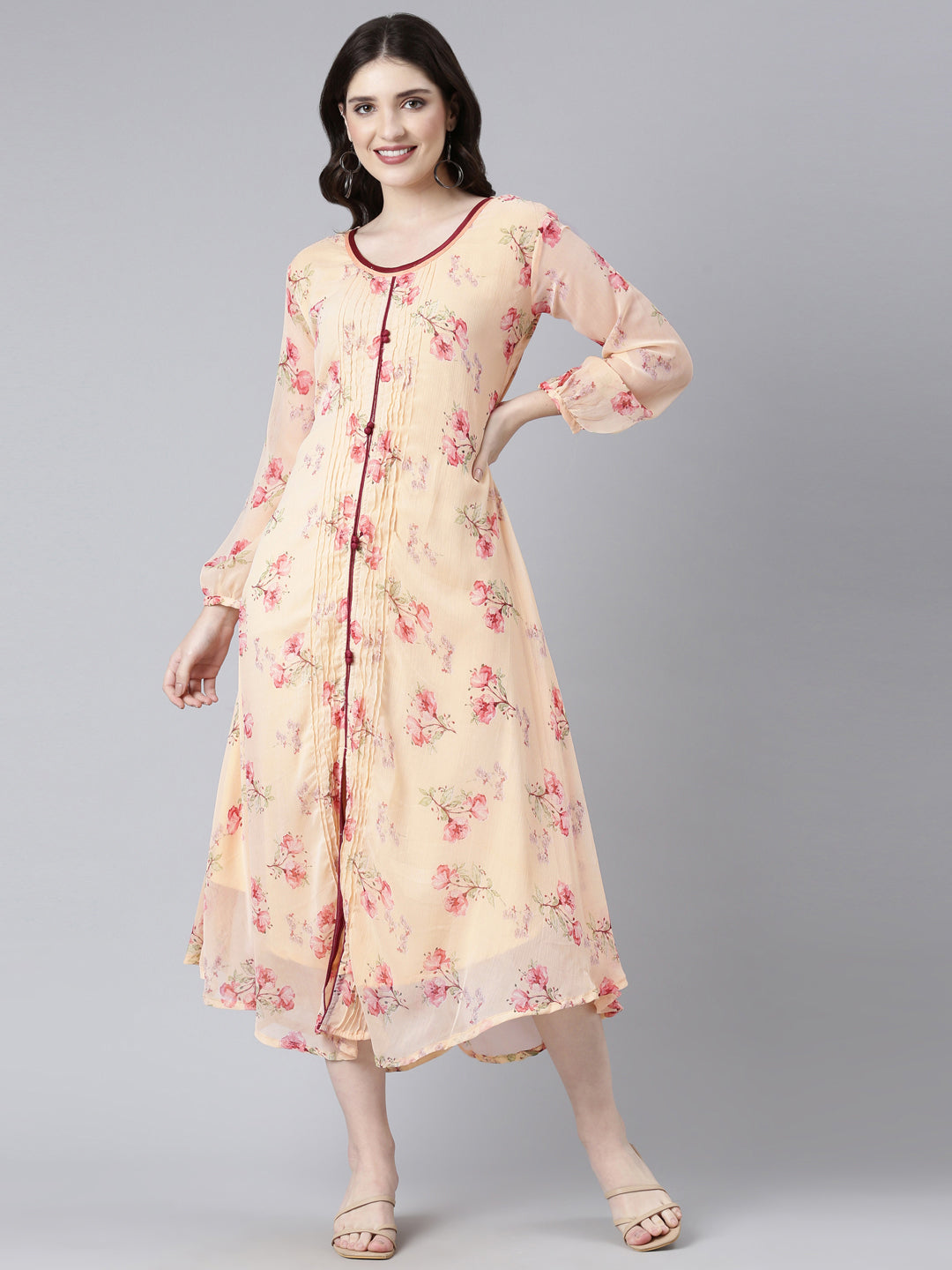 Women Peach Floral Chiffon Dress