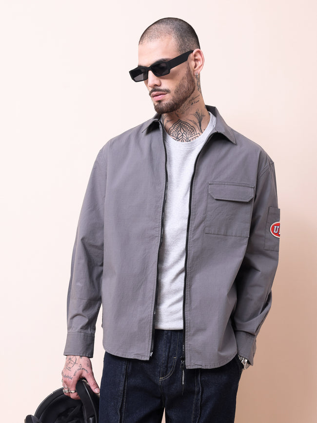Men Grey Solid Shacket