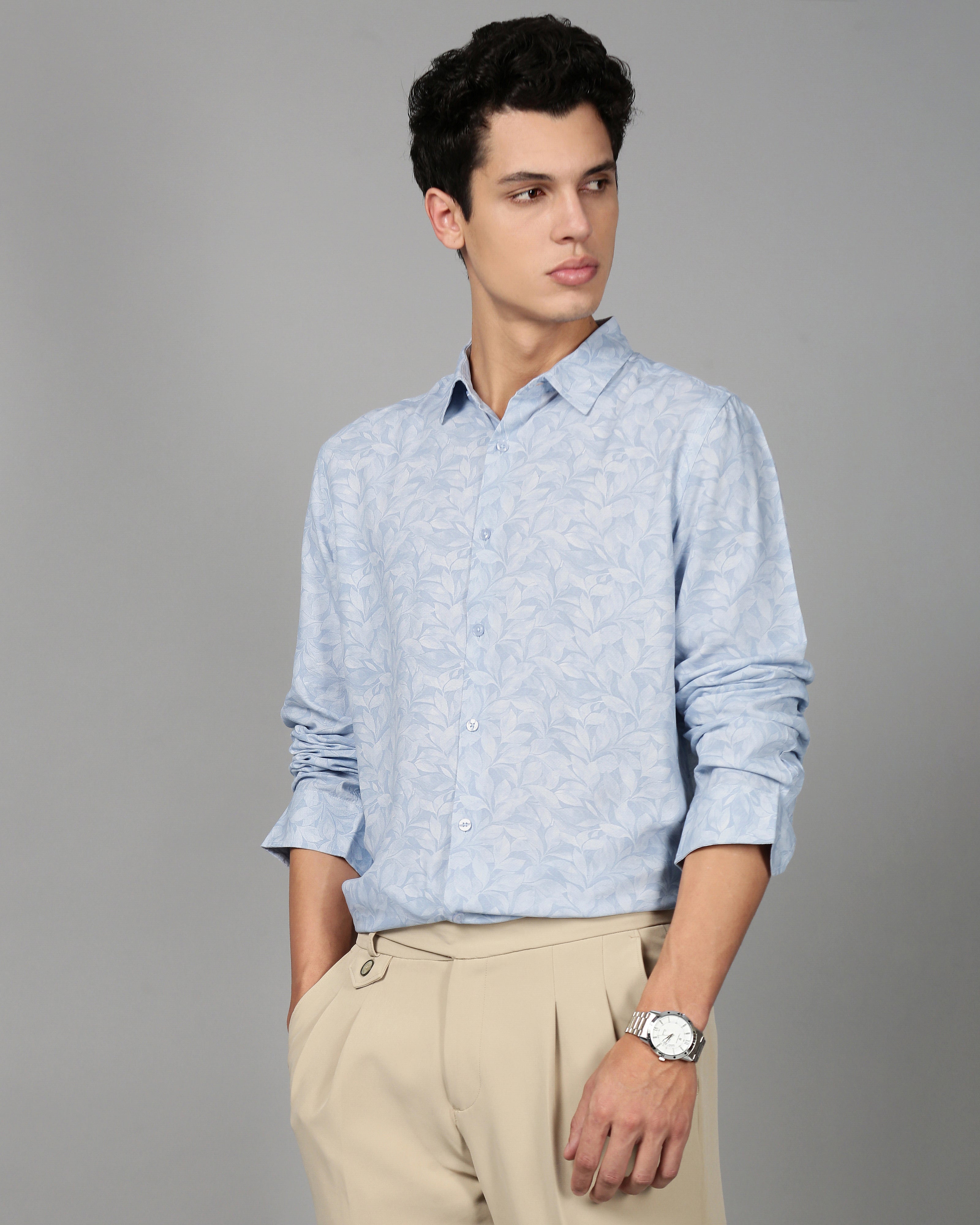 Men Blue Leaf Print Shirt