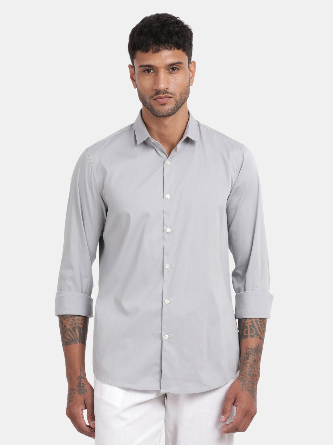 Men Silver Slim Fit Spread Collar Full Sleeve Casual Shirt