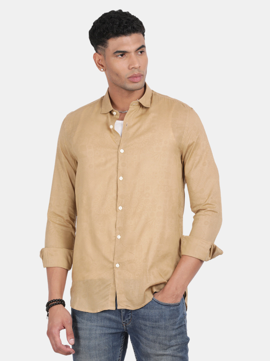 Men Gold Slim Fit Spread Collar Full Sleeve Casual Shirt