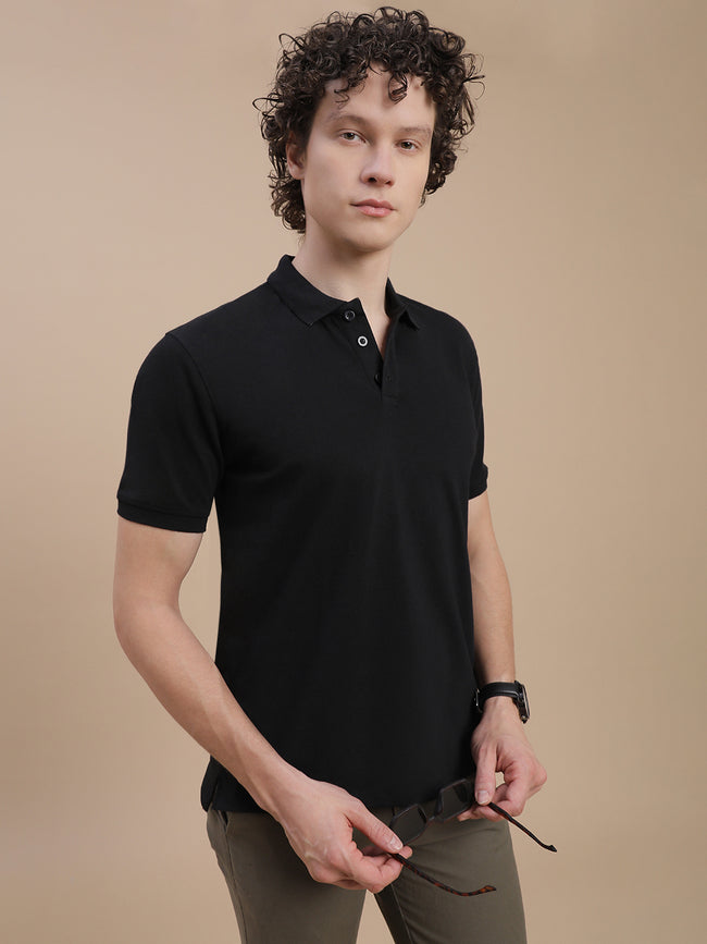 Men Black Johnny Collar T-Shirt