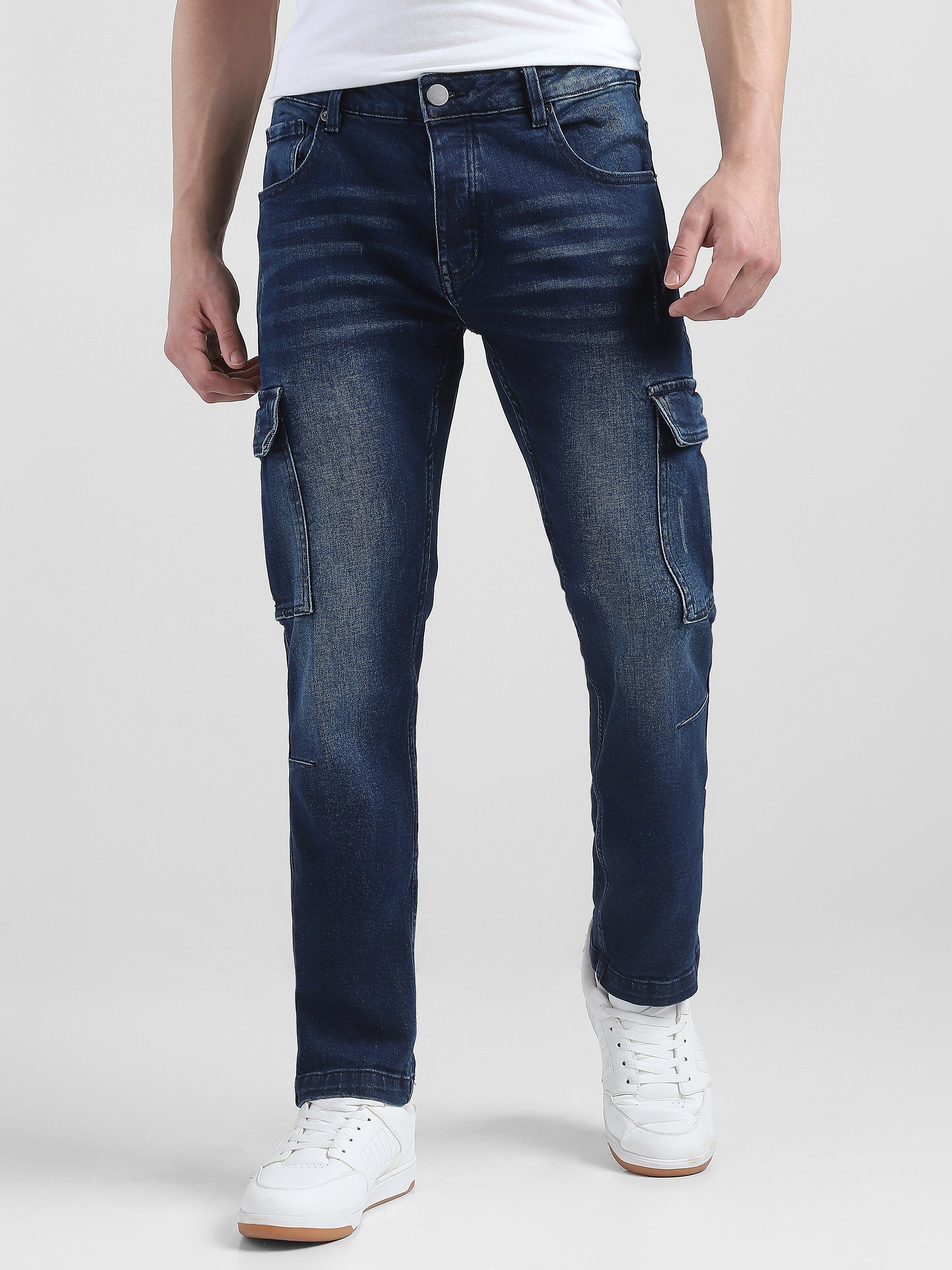 Men Navy Denim Mid Rise Cargo Pants