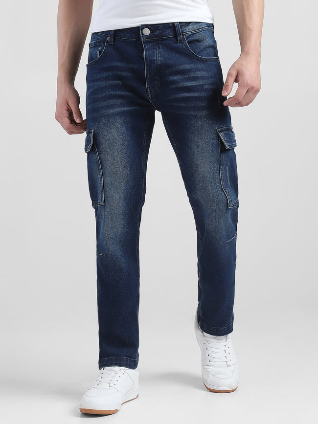 Men Navy Denim Mid Rise Cargo Pants