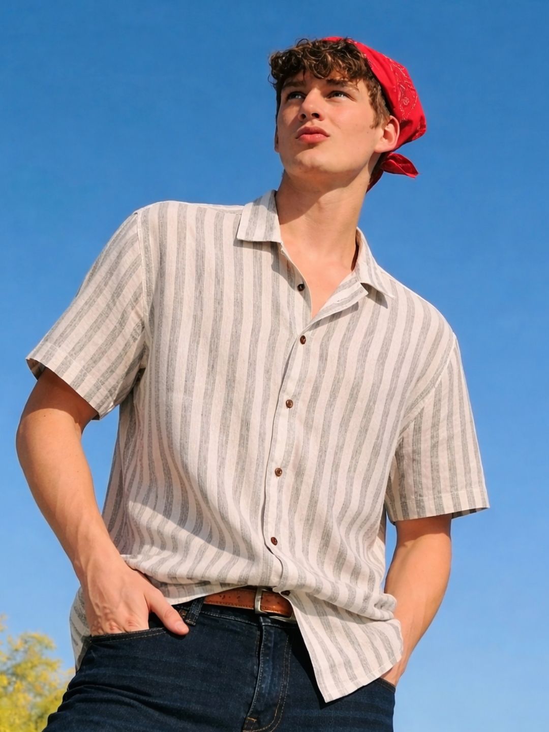 Men Sage Green Striped Linen Shirt