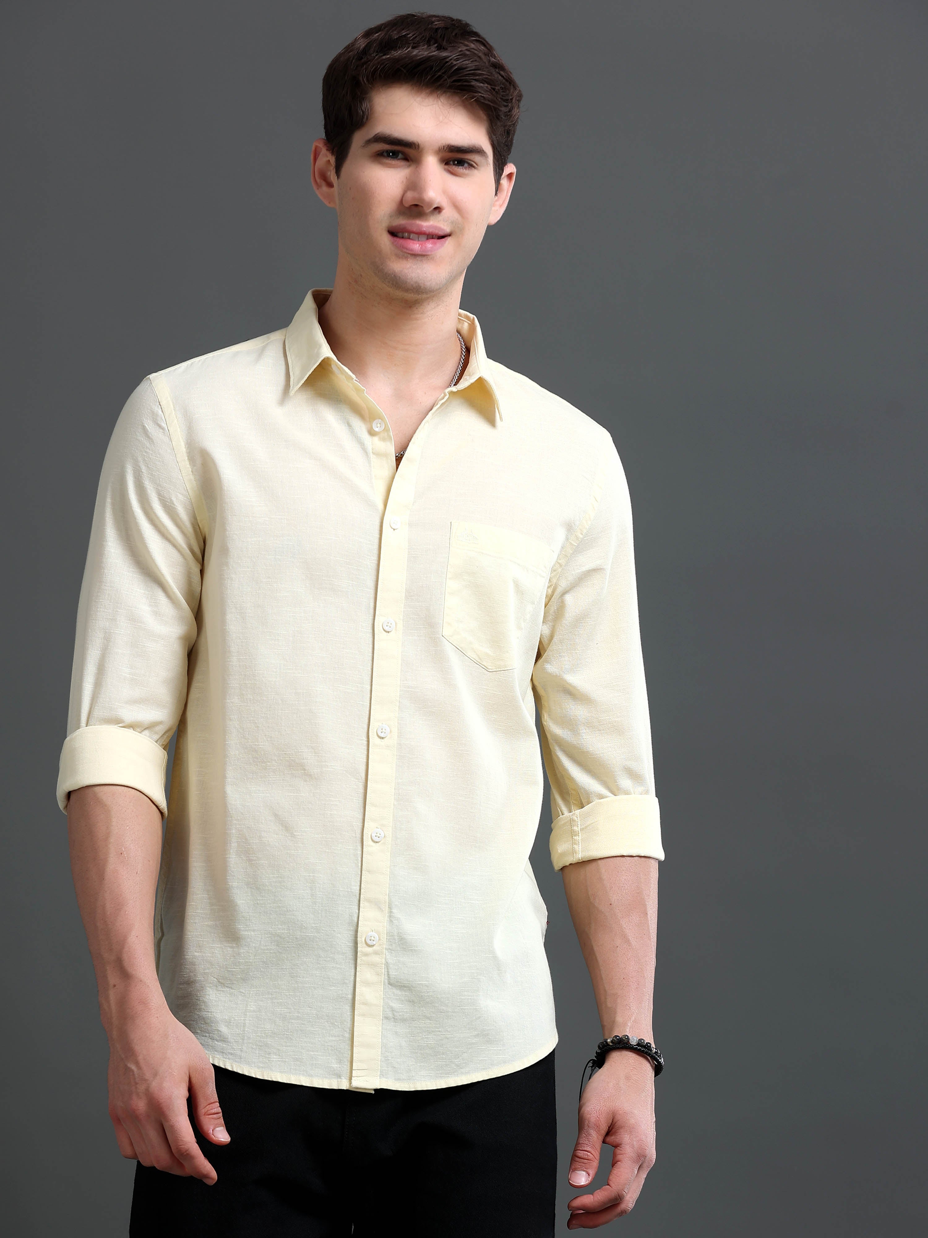 Men Yellow Slub Solid Shirt
