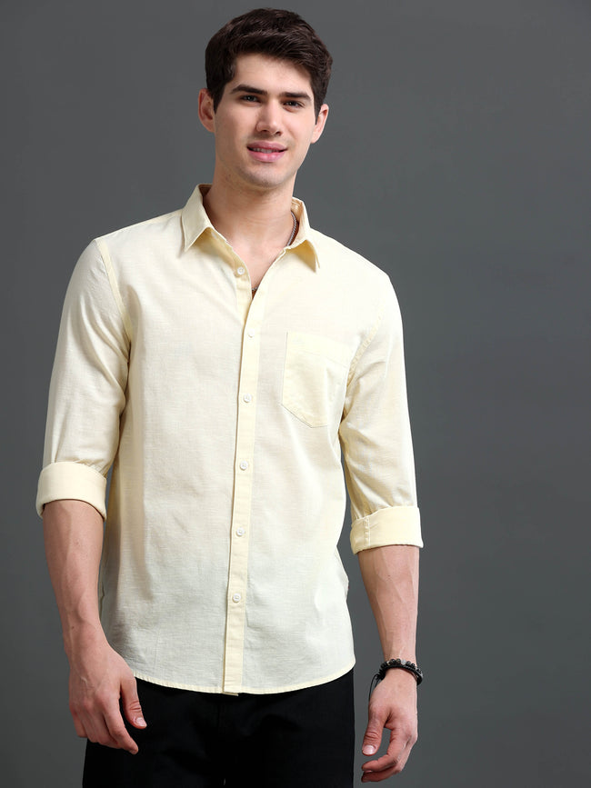 Men Yellow Slub Solid Shirt