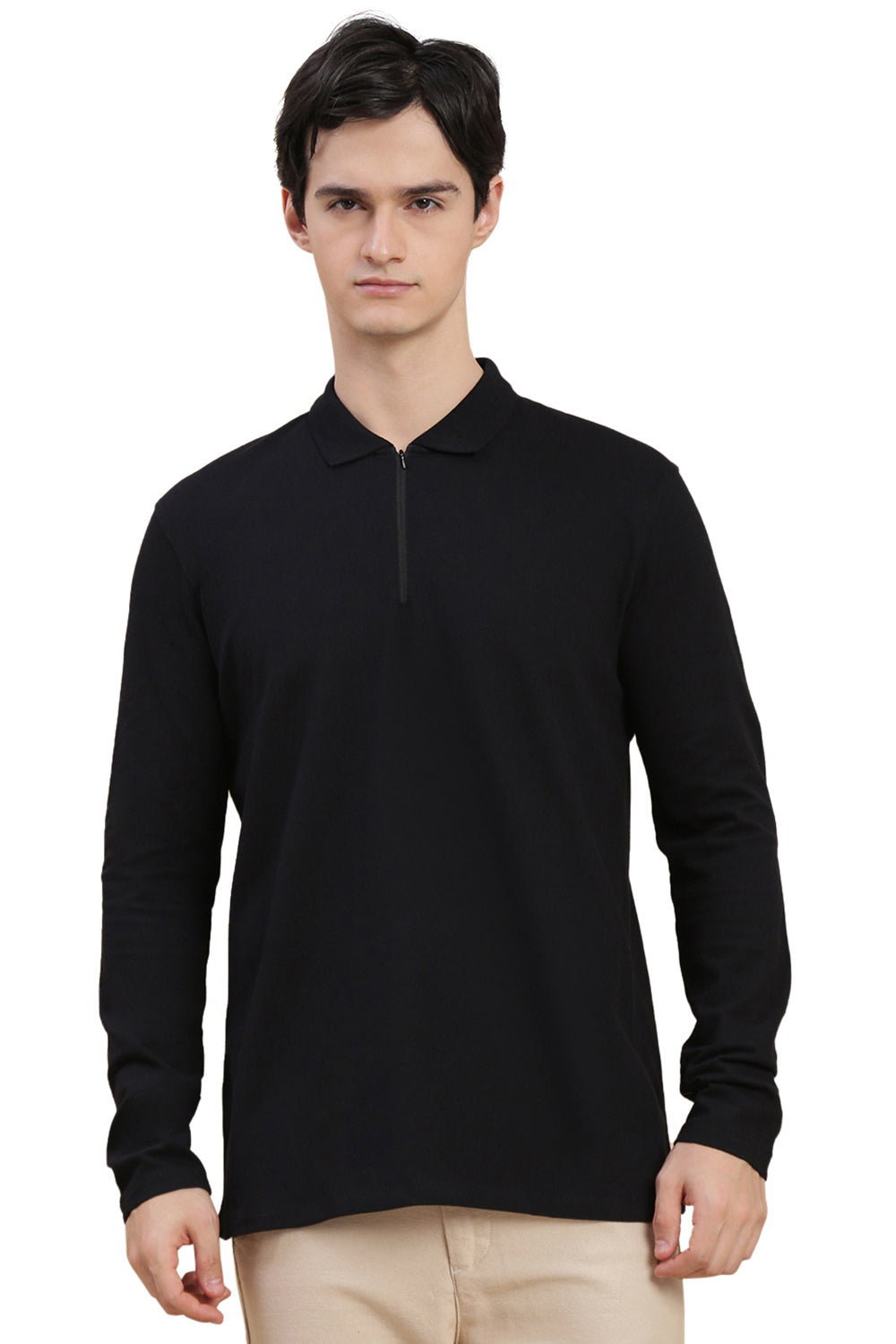 Men Black Bonded Zipper Polo T-Shirt