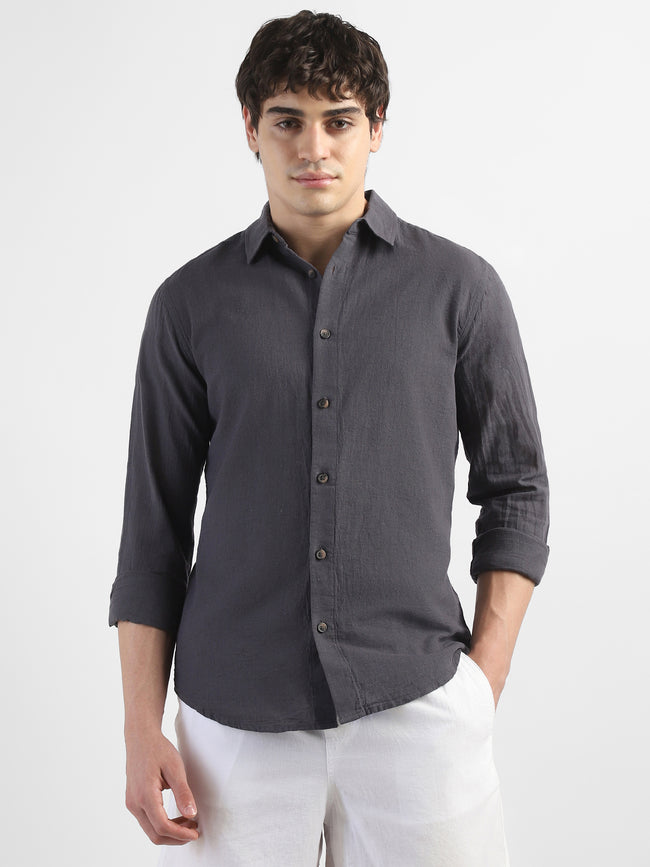Men Linen Blend Dark Grey Shirt