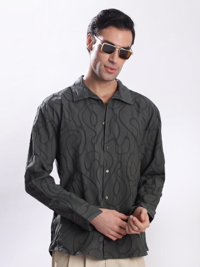 Men Olive Textured Shirt with stylized Collar