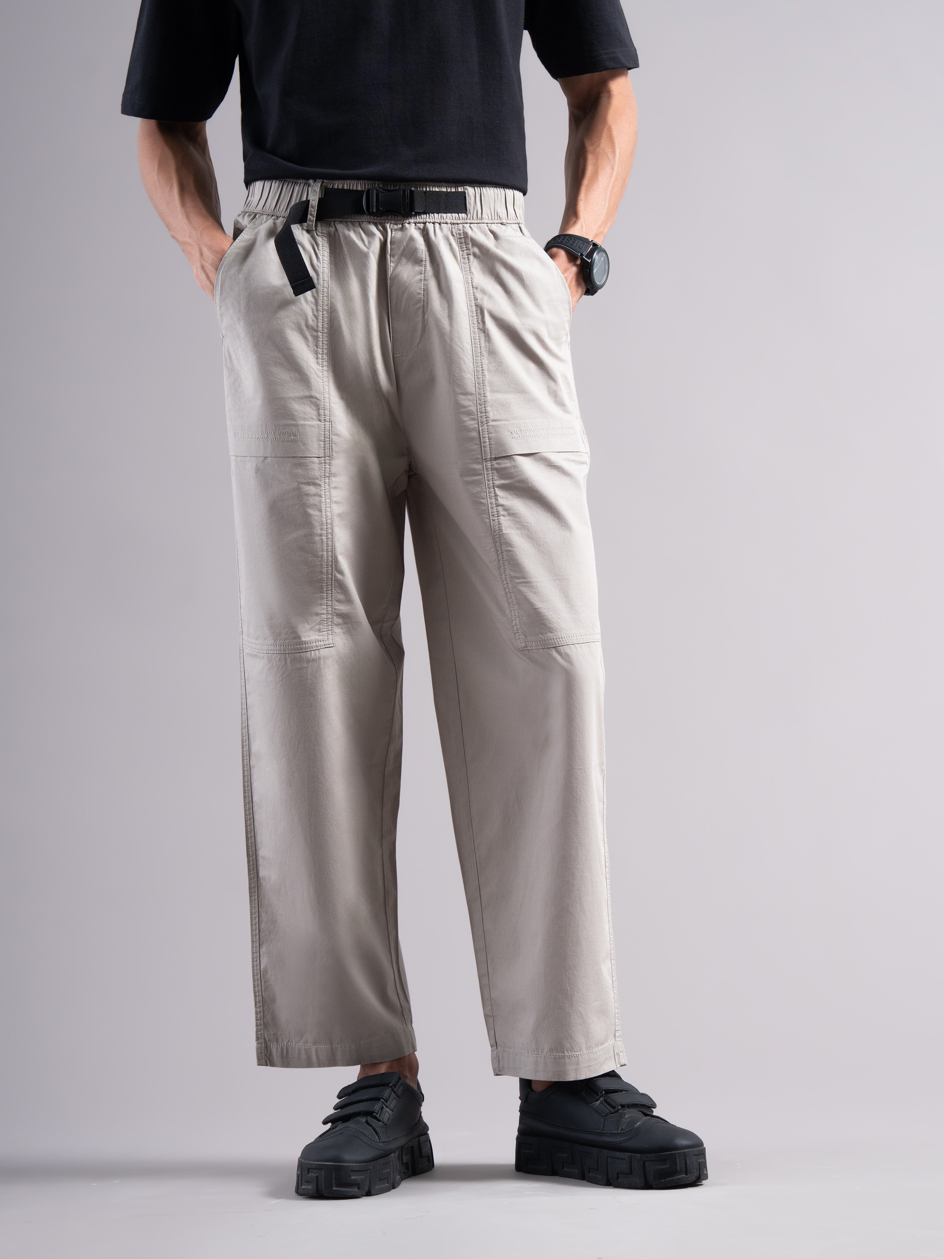 Men Grey Buckle Waist Trousers