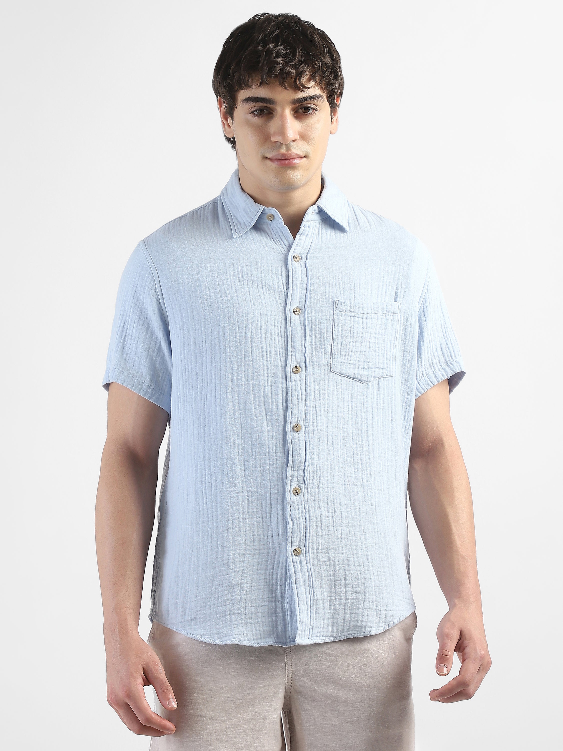 Men Blue Double Cloth Casual Shirt