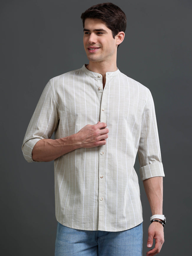 Men Beige Striped Cotton Shirt
