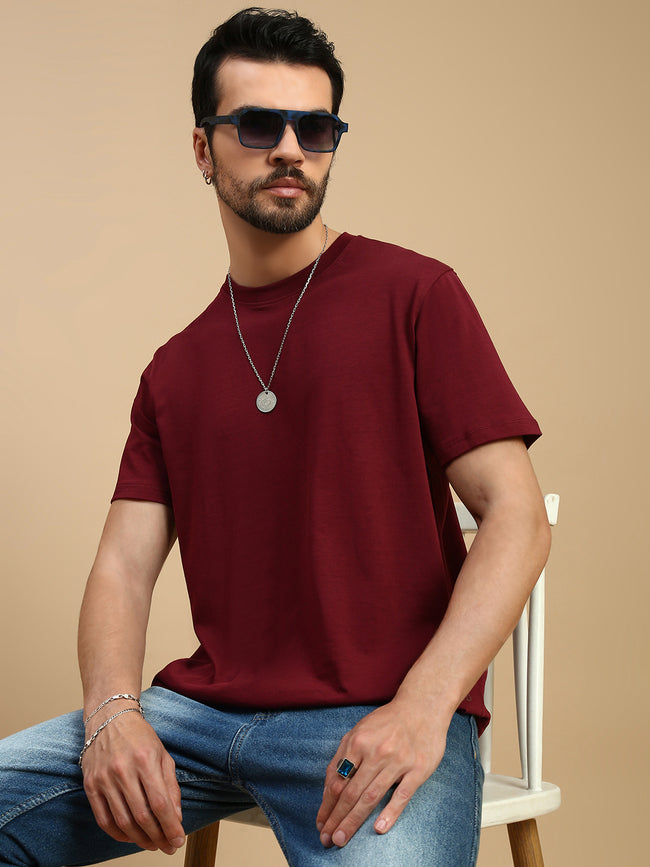 Men Burgundy V Neck T-Shirt