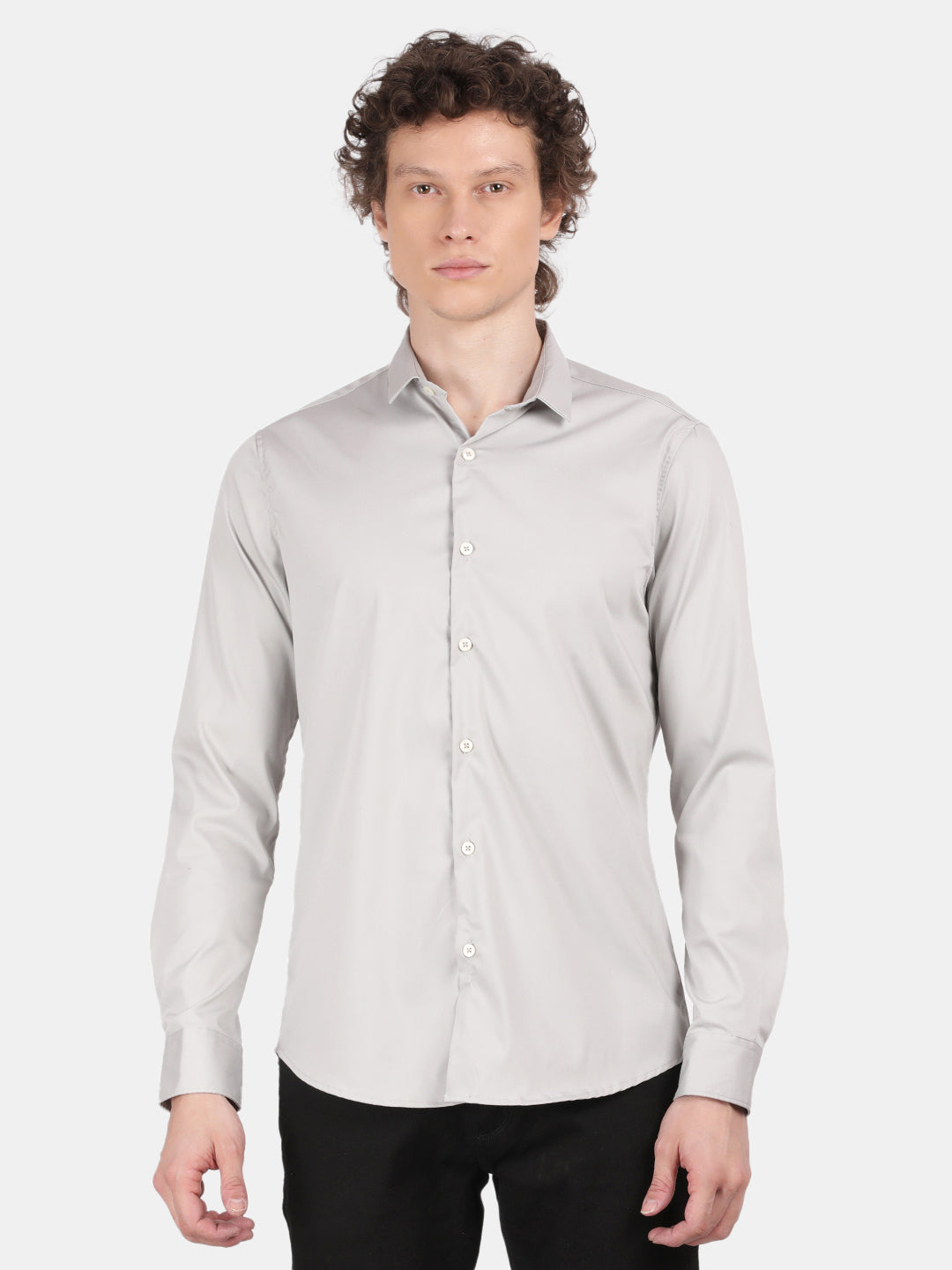 Men Silver Slim Fit Spread Collar Full Sleeve Casual Shirt