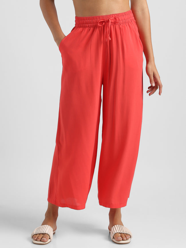 Women Red Flowy Wide-Leg Pants with Drawstring