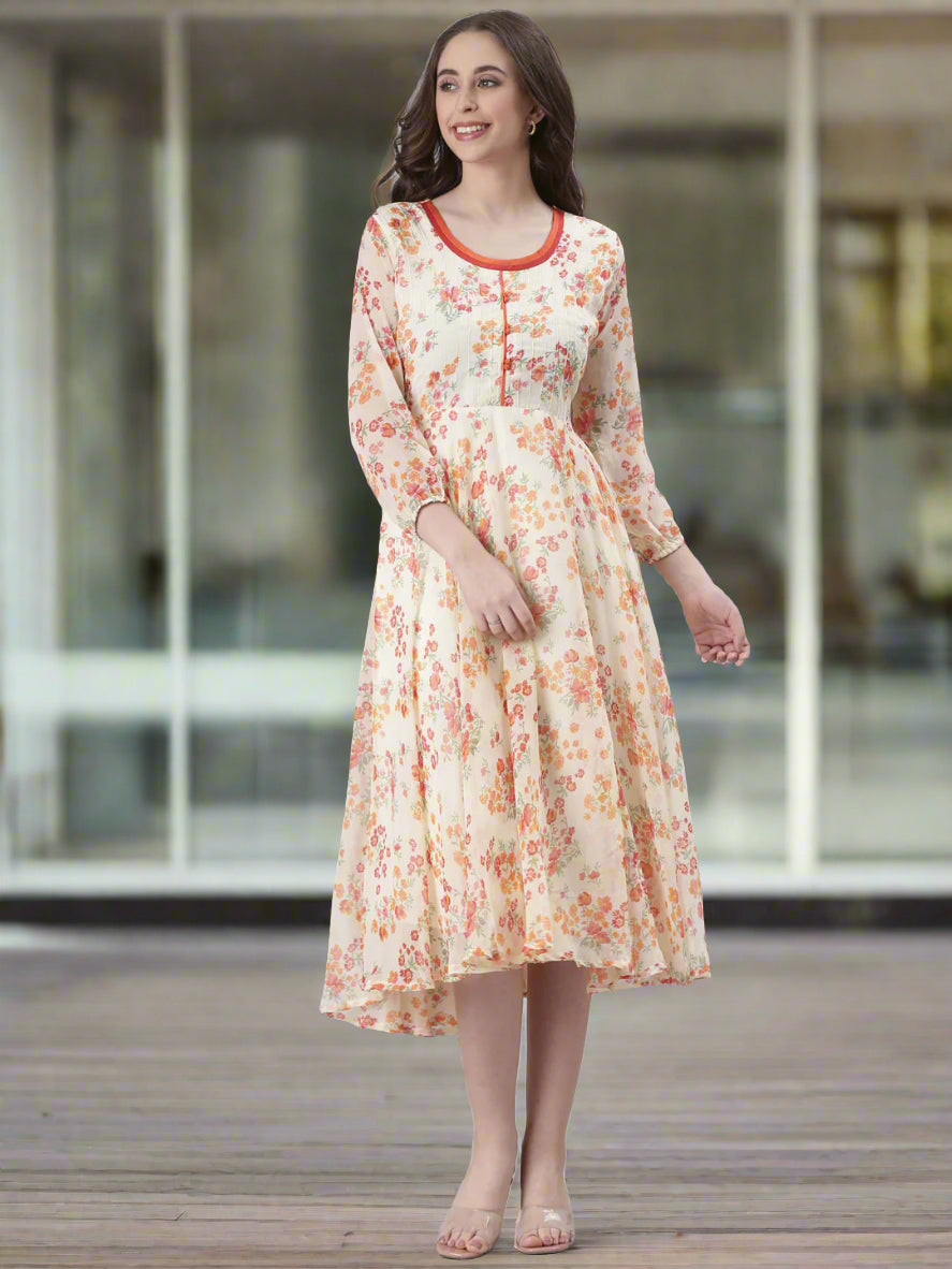 Women Cream Floral Printed Fit & Flare Dress