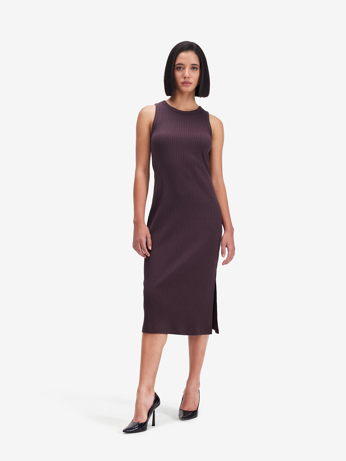 Women Brown Ribbed Side Slit Midi Dress