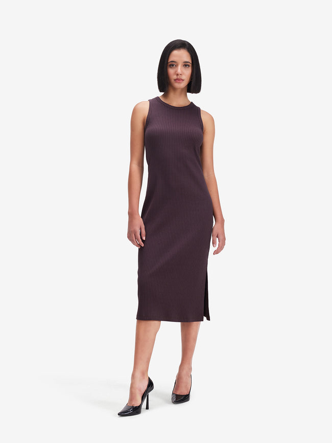 Women Brown Ribbed Side Slit Midi Dress
