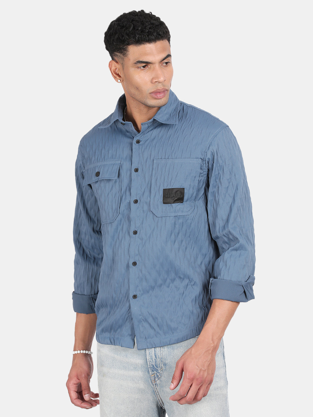 Men Blue Slim Fit Spread Collar Full Sleeve Casual Shirt