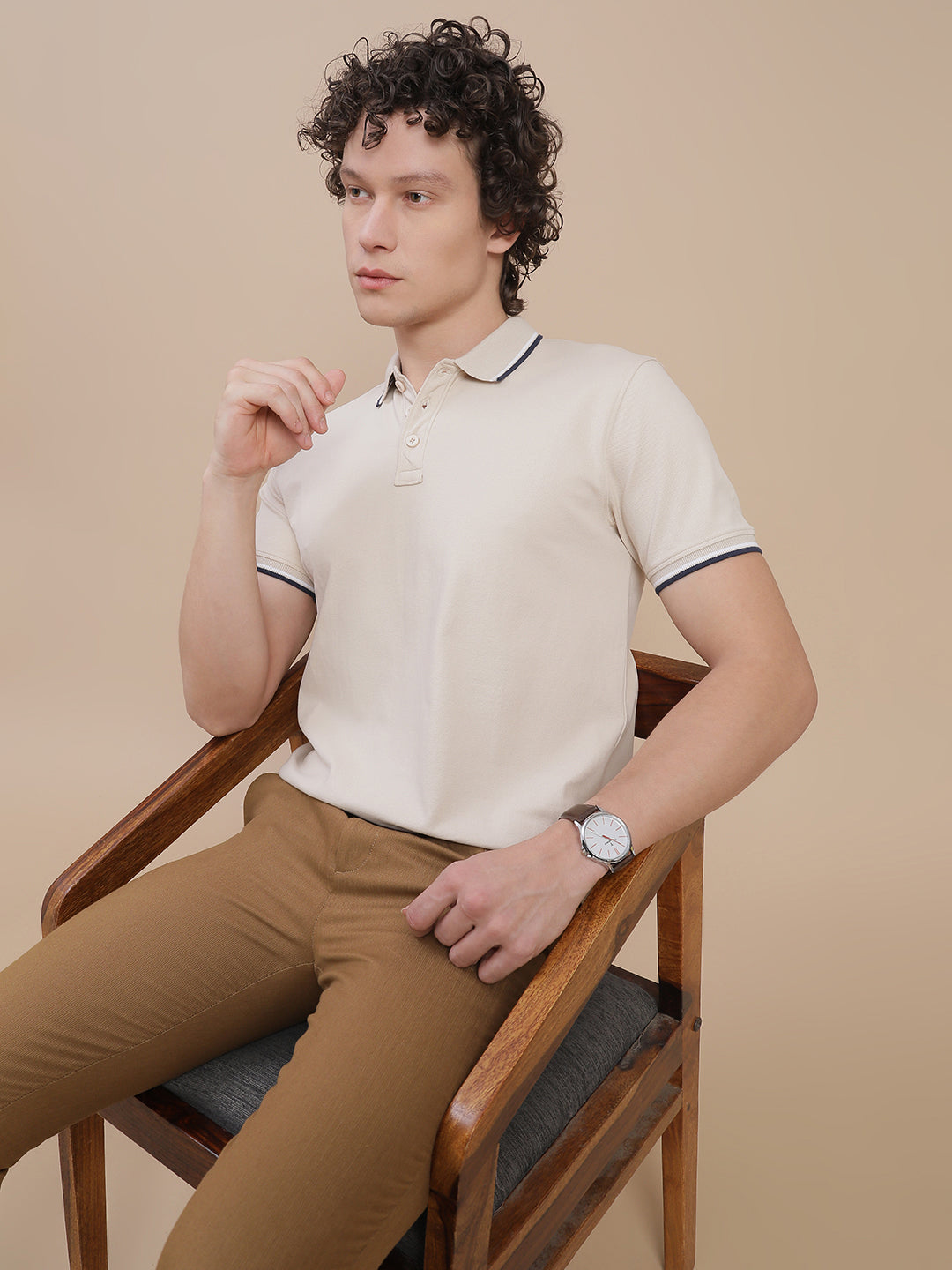Men Beige Basic Polo T-Shirt