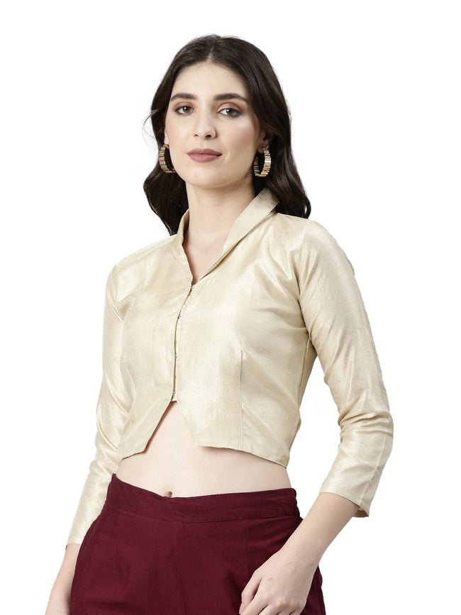 Beige Solid Three-Quarter Sleeves Mandarin Collar Dupion Silk Knot Blouse