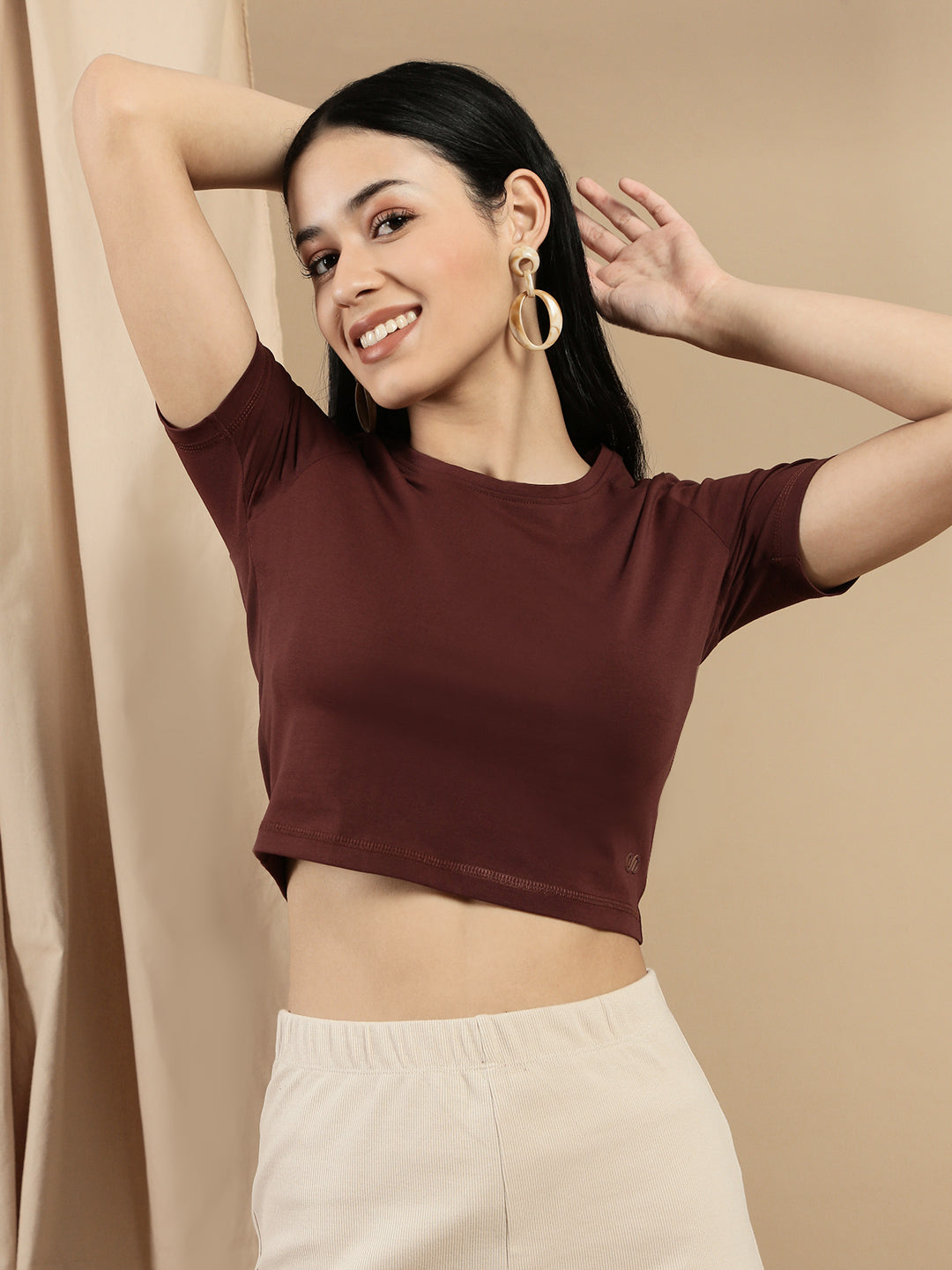 Women Brown Half Sleeve Crop Top