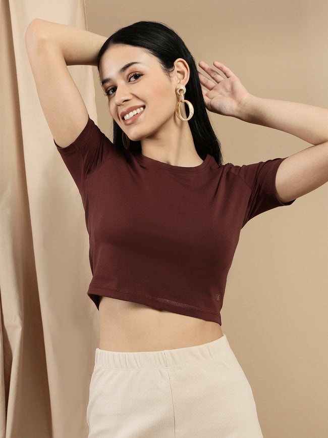 Women Brown Half Sleeve Crop Top