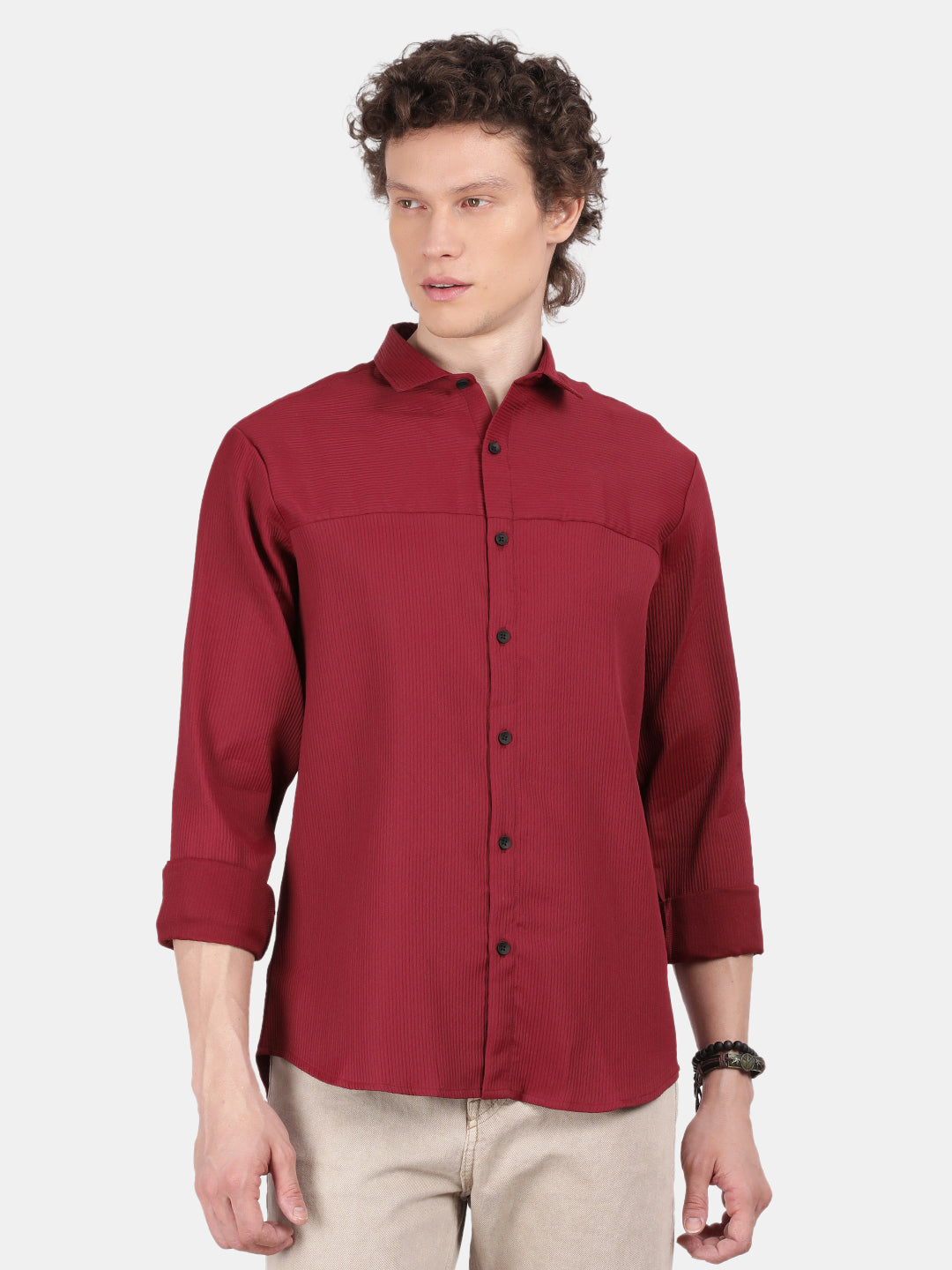 Men Maroon Slim Fit Spread Collar Full Sleeve Casual Shirt