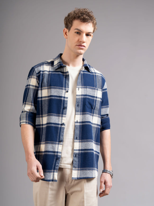 Men Navy Blue Flannel Checked Shirt