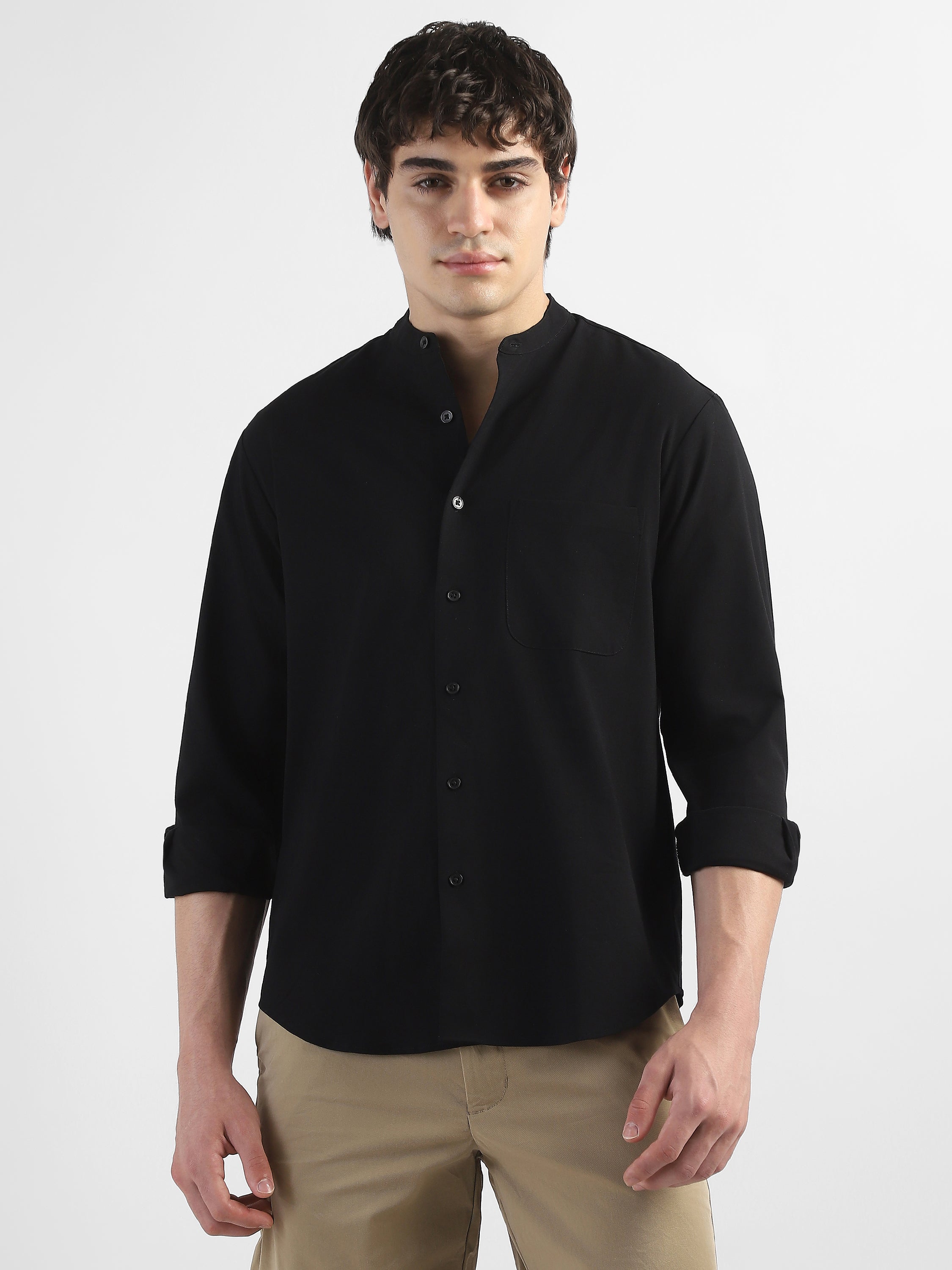 Men Black Mandarin Collar Regular Fit Shirt