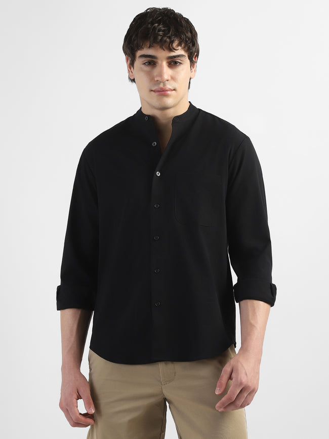 Men Black Mandarin Collar Regular Fit Shirt