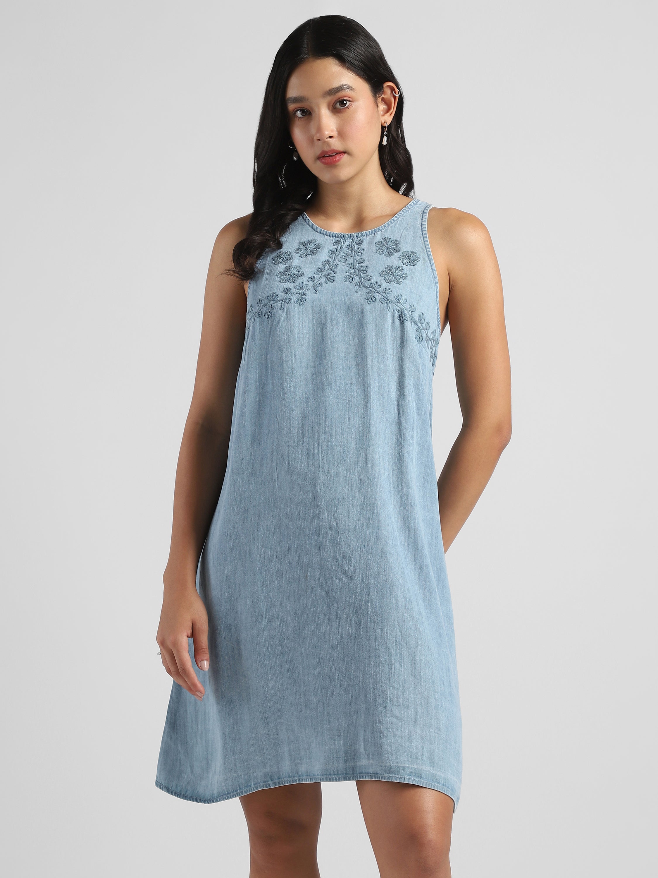Women Denim Embroidered Midi Dress