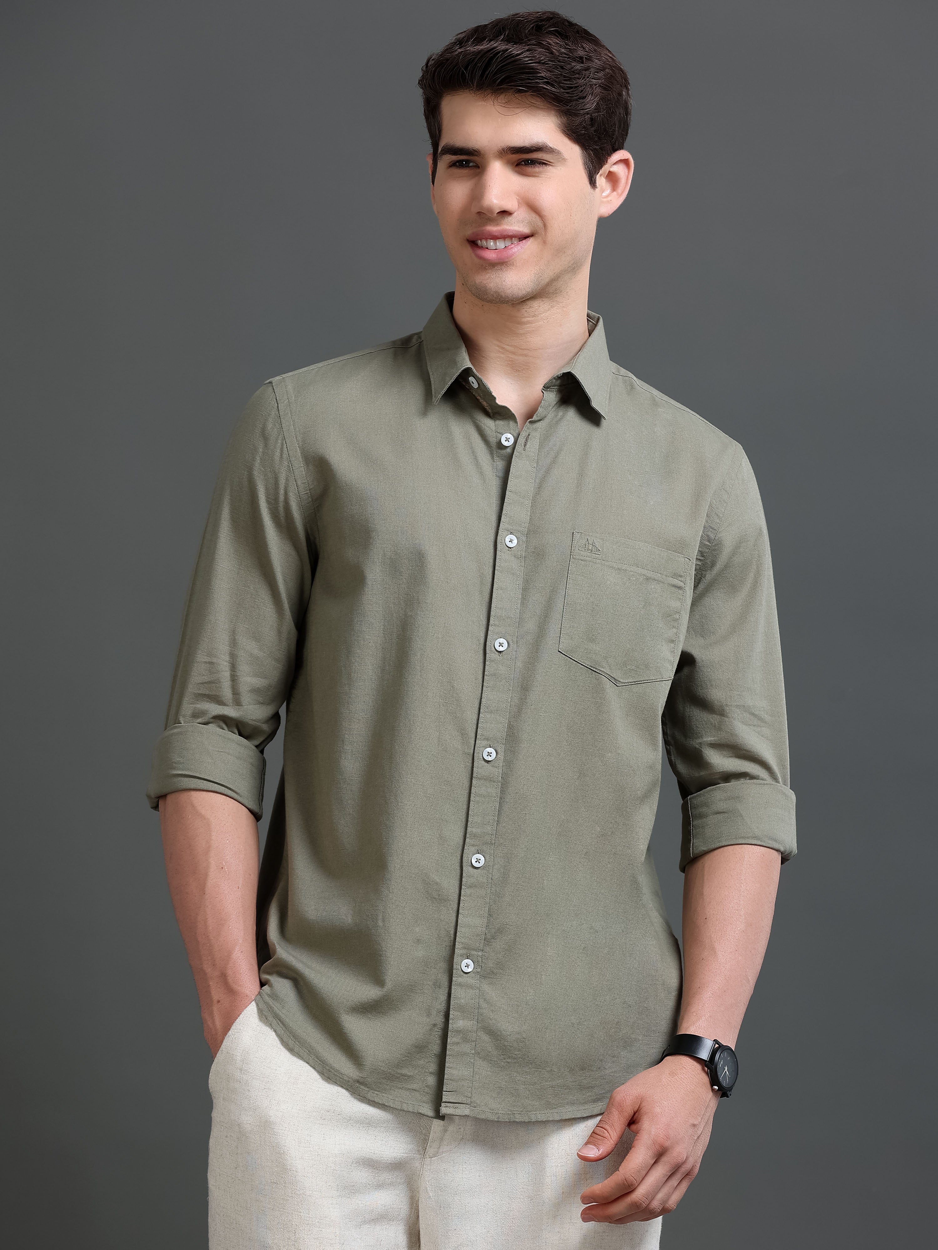 Men Olive Slub Solid Shirt